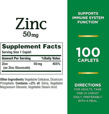Nature's Bounty Zinc 50 mg, 100 Tabletas