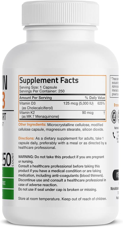 Bronson Vitamin K2  with D3 Supplement 5000 IU  250 Capsules