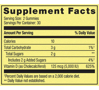 Spring Valley Vitamina D3 125mcg, 5000iu, 60 Gomitas Vegetarianas