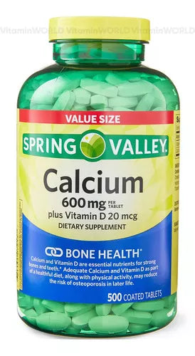 Spring Valley Calcium 600mg, Vitamina D 20mcg, 500 tabletas