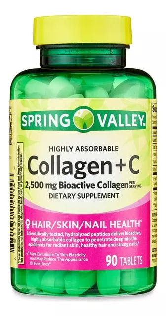 Spring Valley Colageno + C,2500mg bioactive collagen 90 Tabletas