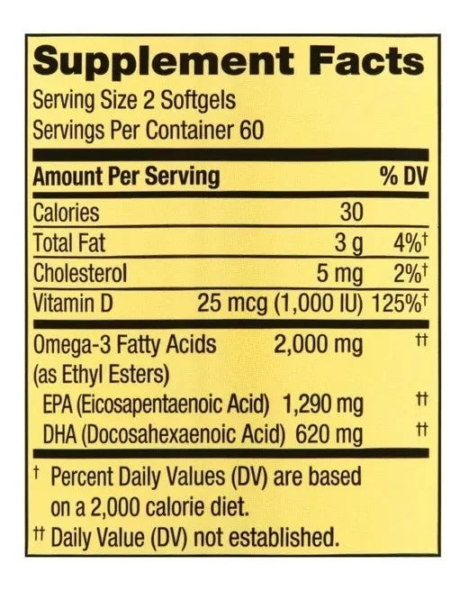 Spring Valley Omega-3 2,000mg, Vitamina D3 1,000IU, 120 Capsulas Blandas