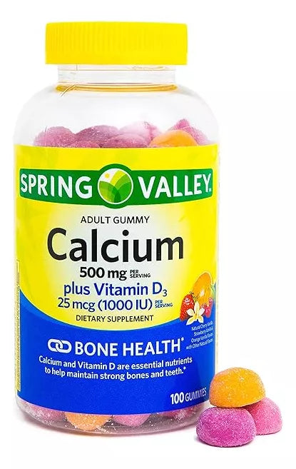 Spring Valley Calcium 500 Mg,Vitamina D25mcg 1000 Ui, 100 gomitas Sabores Surtido