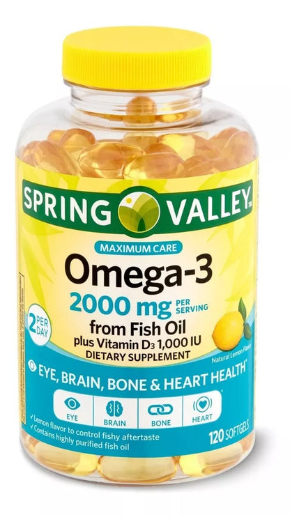 Spring Valley Omega-3 2,000mg, Vitamina D3 1,000IU, 120 Capsulas Blandas