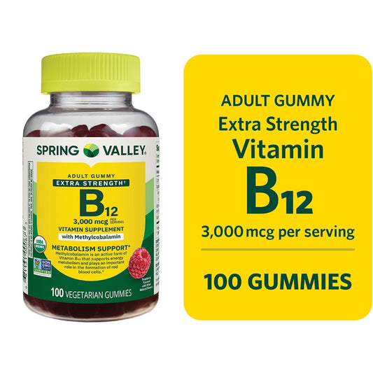 Spring Valley Gomitas Vegetarianas de Vitamina B12 Extra Fuerte, Sabor Frambuesa, 3000mcg, 100 Unidades