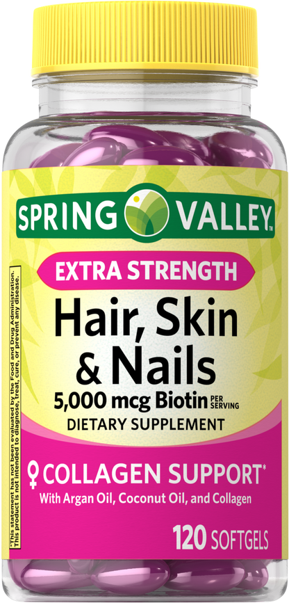 Spring Valley Cabello Piel Unas con Biotina, 5,000mcg, 120 capsulas blandas