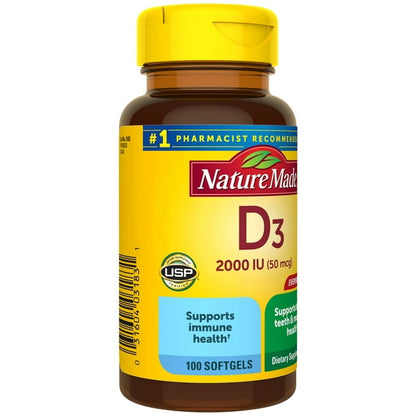 Nature Made Vitamina D3 2000 IU (50 mcg) Capsulas Blandas, Suplemento alimenticio 100pzs