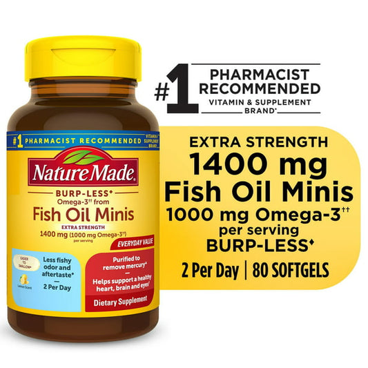 Nature Made Extra Fuerte Menos Eruptos Omega 3 Aceite de Pescado, Suplemento 1400 mg, 80 mini capsulas blandas