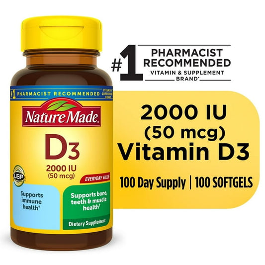 Nature Made Vitamina D3 2000 IU (50 mcg) Capsulas Blandas, Suplemento alimenticio 100pzs