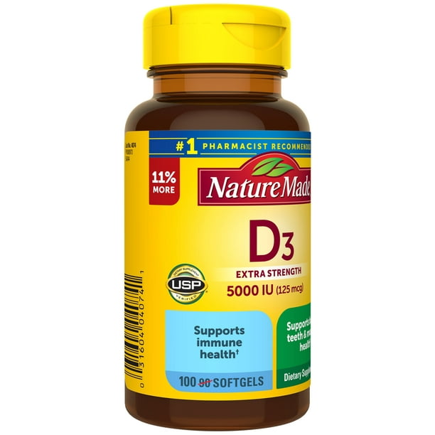 Nature Made Extra Fuerte Vitamin D3 5000 IU (125 mcg) Capsulas Blandas, Suplemento Alimenticio 100pzs