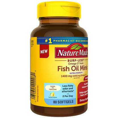 Nature Made Extra Fuerte Menos Eruptos Omega 3 Aceite de Pescado, Suplemento 1400 mg, 80 mini capsulas blandas